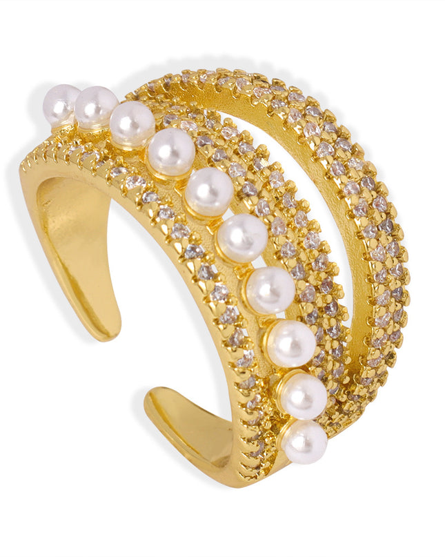 New fashion, personality, light luxury, versatile, copper material, imitation pearl inlaid zircon, multi-layer open ring, jewelry, women's wholesale
