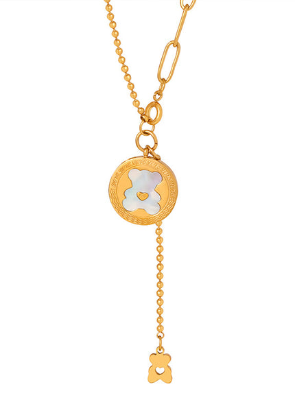 Japanese and Korean small fresh cartoon bear pattern shell tassel niche sweet temperament titanium steel gold-plated necklace women's jewelry