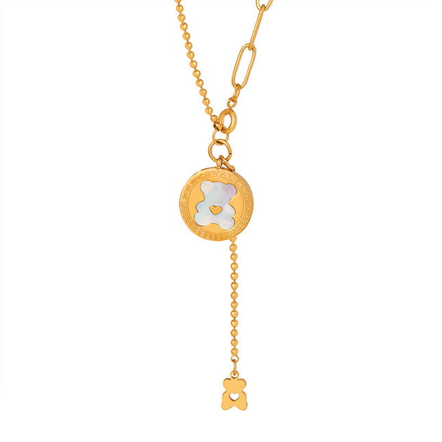 Japanese and Korean small fresh cartoon bear pattern shell tassel niche sweet temperament titanium steel gold-plated necklace women's jewelry