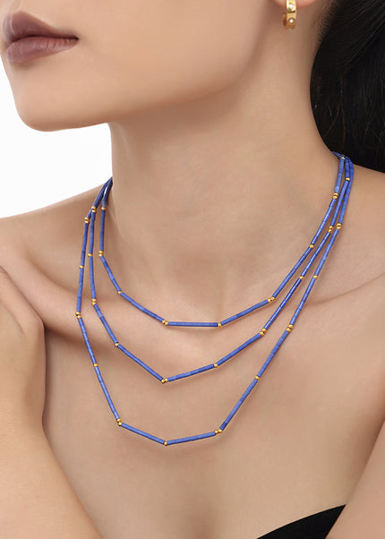 Mystery ins natural lapis lazuli beaded necklace stainless steel plated 18k gold niche European and American cross-border light luxury jewelry