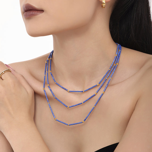 Mystery ins natural lapis lazuli beaded necklace stainless steel plated 18k gold niche European and American cross-border light luxury jewelry