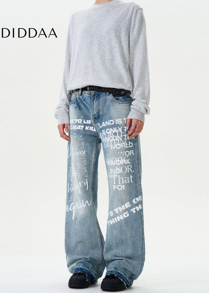 Blue Graffiti Letter Print Straight Wash Jeans - Men’s Jeans
