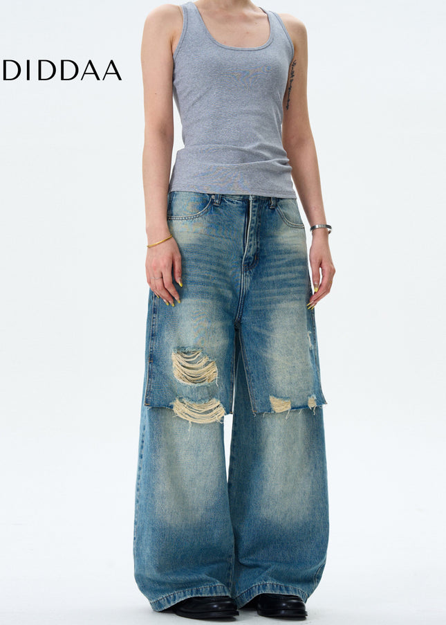 Blue Double Patch Ripped Jeans for Men and Women - Men’s Jeans