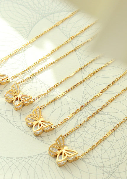 European and American ins style light luxury fashion all-match butterfly zircon necklace titanium steel plated 18K real gold fashion collarbone necklace