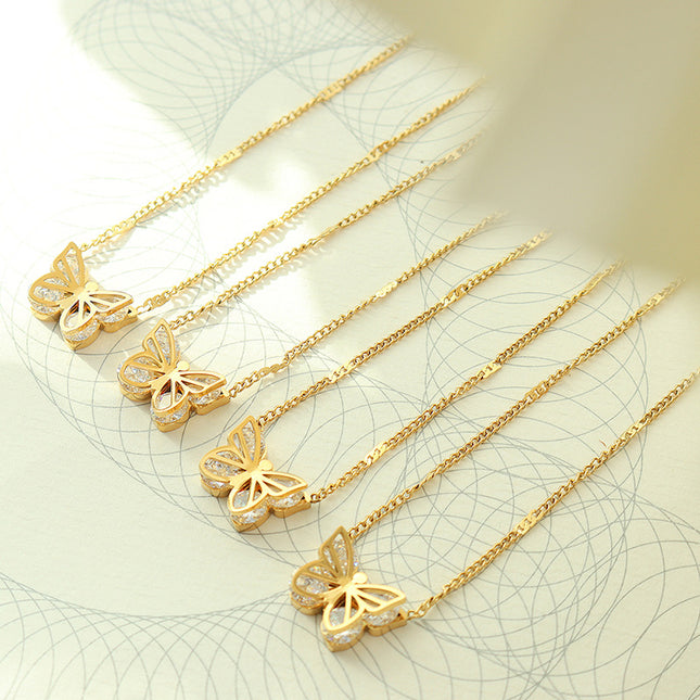European and American ins style light luxury fashion all-match butterfly zircon necklace titanium steel plated 18K real gold fashion collarbone necklace