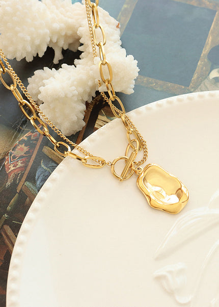 European and American hip-hop style double-layer personality irregular pendant necklace titanium steel gold-plated niche temperament clavicle chain jewelry women