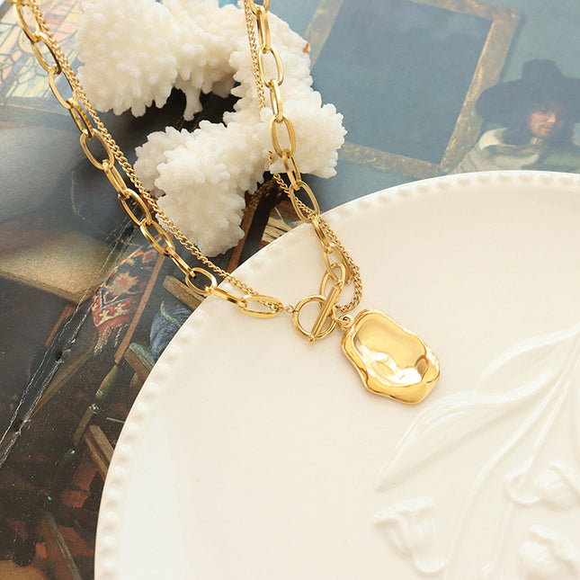 European and American hip-hop style double-layer personality irregular pendant necklace titanium steel gold-plated niche temperament clavicle chain jewelry women