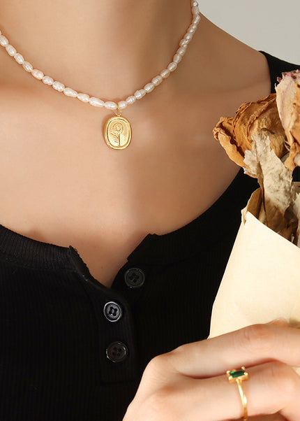 French vintage engraved sunflower oval pendant freshwater pearl necklace irregular oval vintage pearl strand
