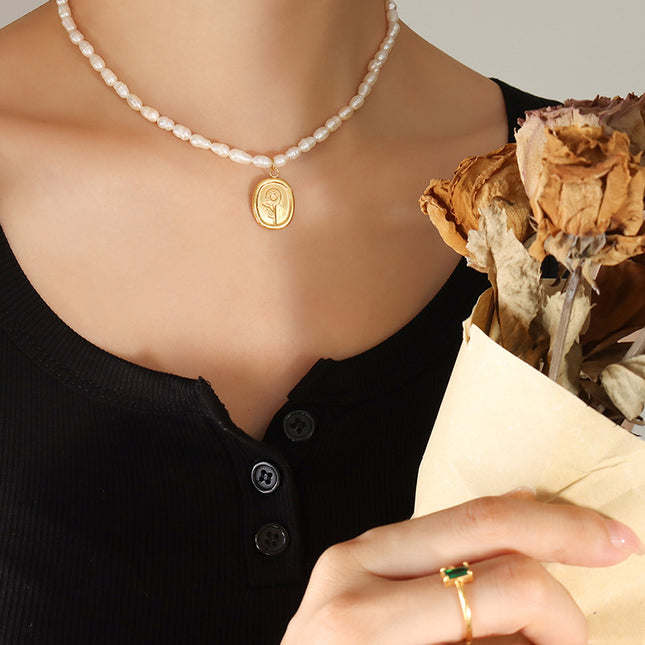 French vintage engraved sunflower oval pendant freshwater pearl necklace irregular oval vintage pearl strand