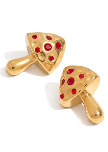 Jieding European and American stainless steel red zirconia earrings, titanium steel, 18K gold, non-fading, mushroom earrings, light luxury luxury accessories