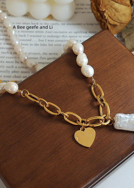 French non-fading banquet party light luxury personality ins style freshwater pearl heart pendant necklace plated with 18K real gold