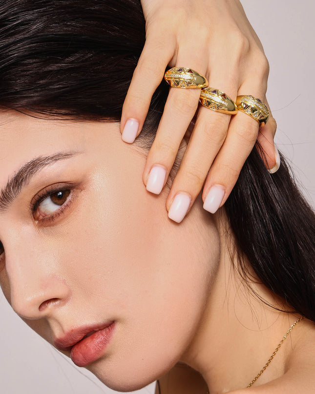 Miri's new palace style retro light luxury fashion copper material geometric triangle inlaid with zircon open ring ornaments