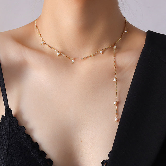 European and American ins cold style fashion Y-word tassel long letter necklace clavicle chain titanium steel plated 18k real gold jewelry