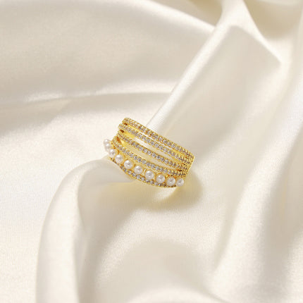 New fashion, personality, light luxury, versatile, copper material, imitation pearl inlaid zircon, multi-layer open ring, jewelry, women's wholesale