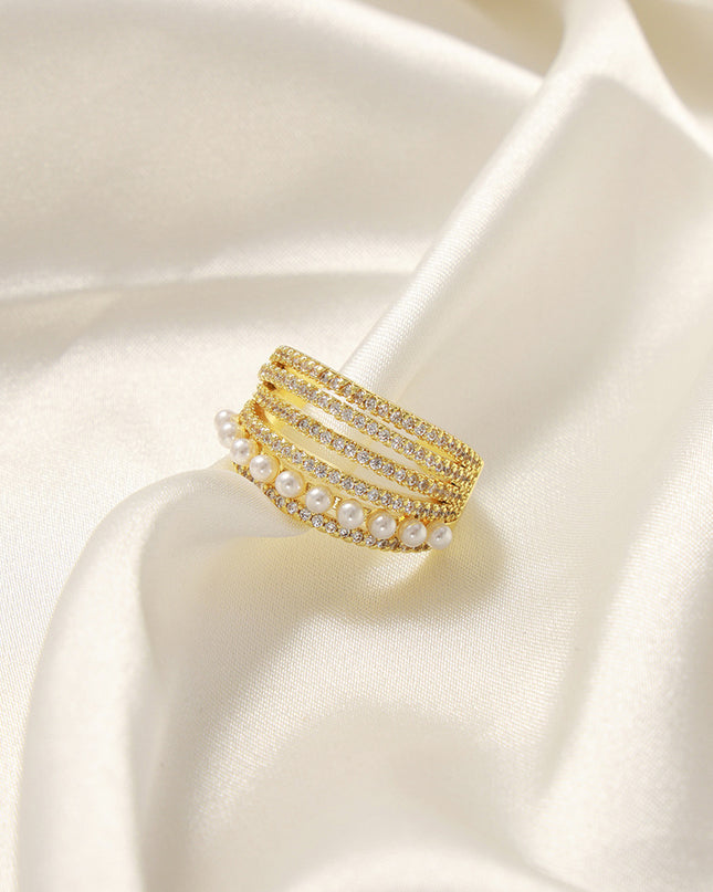 New fashion, personality, light luxury, versatile, copper material, imitation pearl inlaid zircon, multi-layer open ring, jewelry, women's wholesale