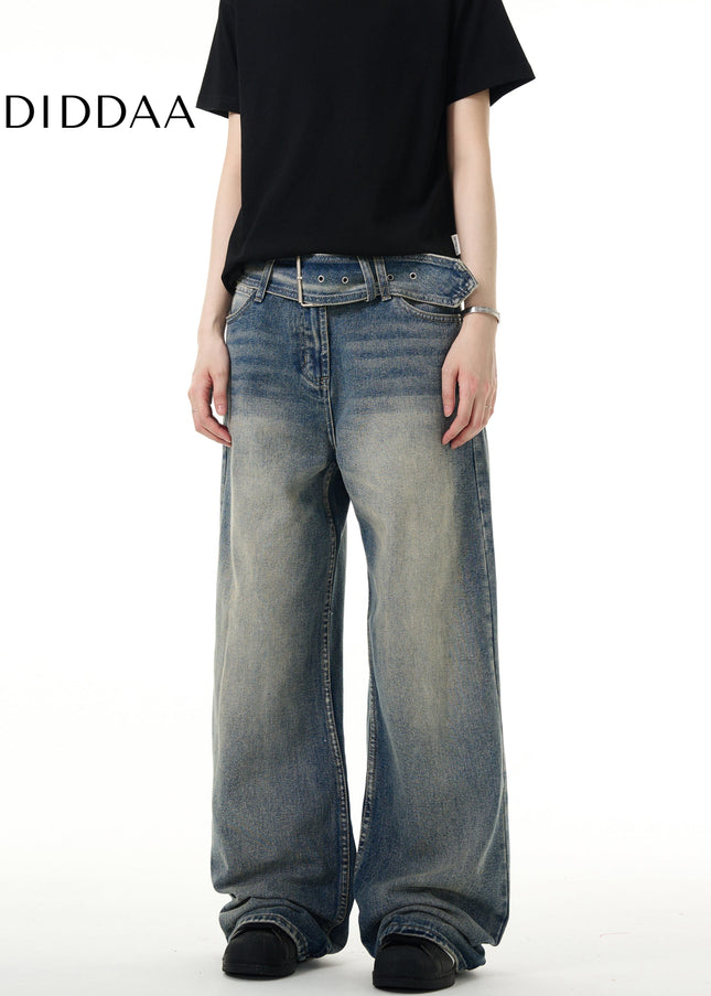 Blue Loose Fit Retro Belt Jeans for Men - Men’s Jeans