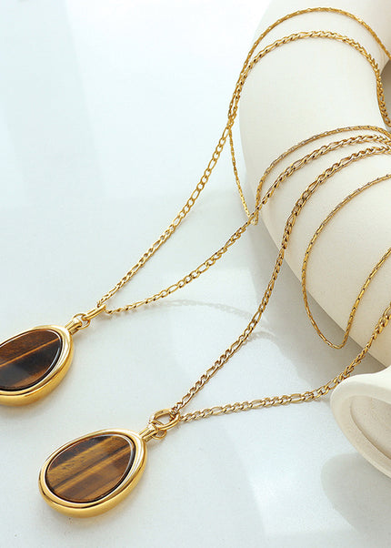 Natural Tiger's Eye Double Necklace Temperament Cold Wind European and American Personality Exaggerated Titanium Steel Gold Plated Sweater Chain Accessories Women