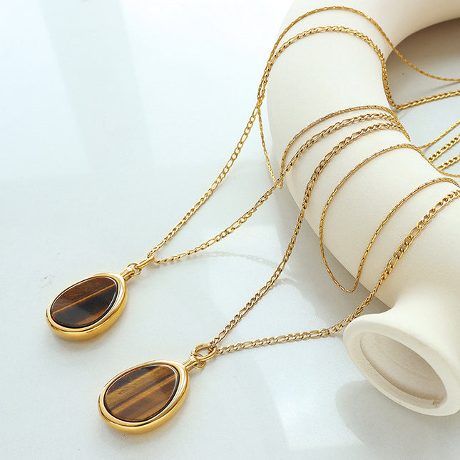 Natural Tiger's Eye Double Necklace Temperament Cold Wind European and American Personality Exaggerated Titanium Steel Gold Plated Sweater Chain Accessories Women
