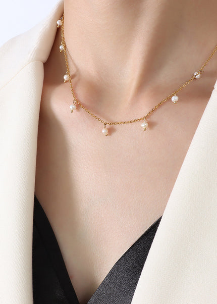 Natural niche versatile retro style jewelry, titanium steel plated 18k real gold freshwater pearl loose bead necklace, female clavicle chain