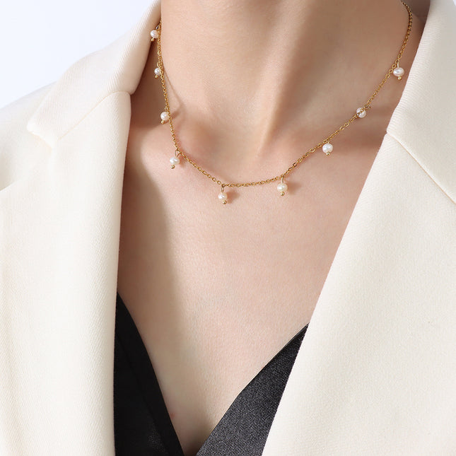 Natural niche versatile retro style jewelry, titanium steel plated 18k real gold freshwater pearl loose bead necklace, female clavicle chain