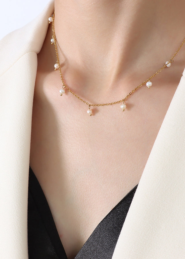 Natural niche versatile retro style jewelry, titanium steel plated 18k real gold freshwater pearl loose bead necklace, female clavicle chain