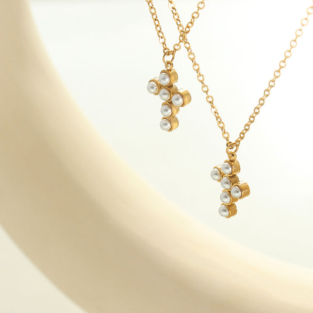 French imitation pearl cross light luxury pendant necklace niche design sense fashion versatile clavicle chain jewelry wholesale