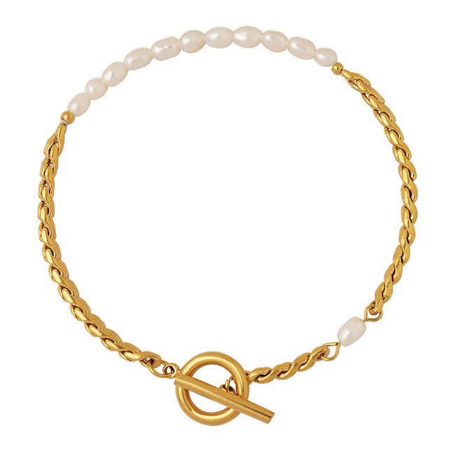 Korean non-fading bracelet jewelry, fashion commuting freshwater pearl OT buckle, titanium steel plated 18K gold, niche design women
