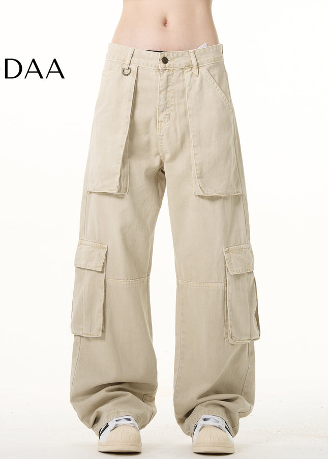 Beige Large Pocket Straight Leg Cargo Pants for Men and Women - S / Apricot - Men’s Jeans