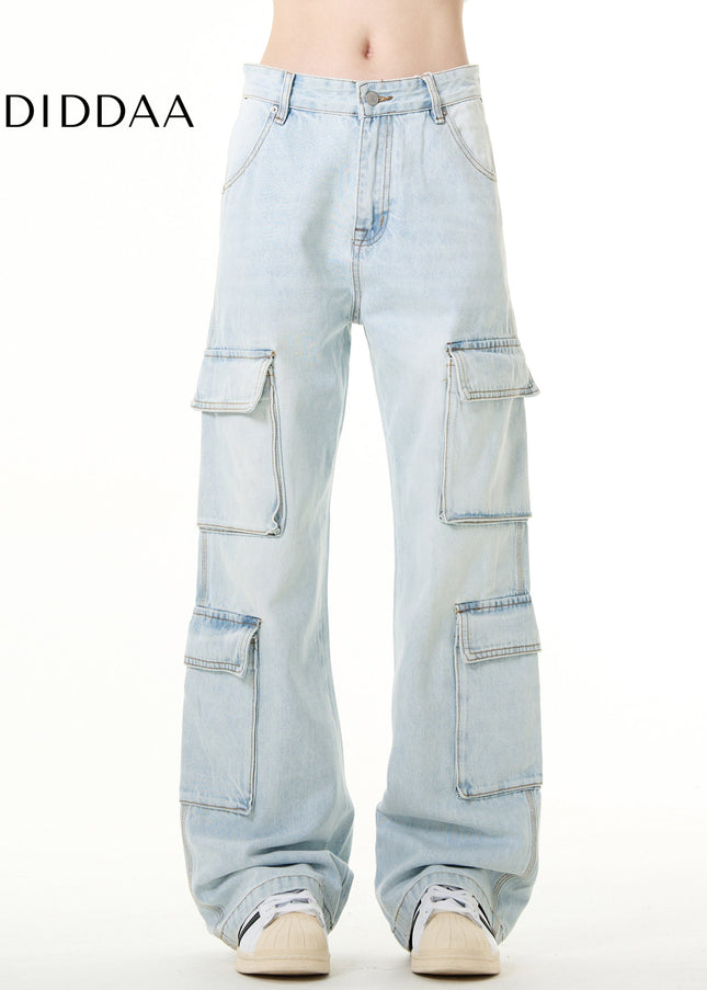 Light Blue Vintage Multi Pocket Cargo Jeans - Men’s Jeans