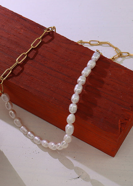 French style fashion versatile necklace freshwater pearl stitching necklace women's titanium steel plated 18K real gold clavicle chain P582