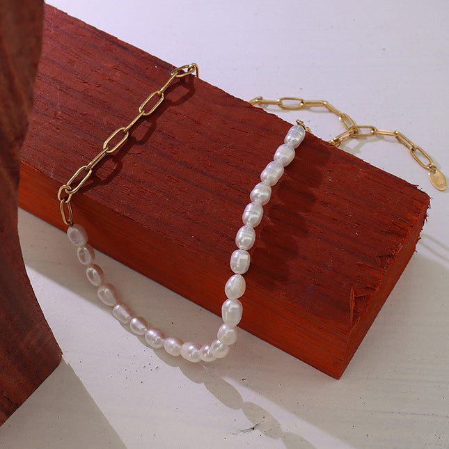 French style fashion versatile necklace freshwater pearl stitching necklace women's titanium steel plated 18K real gold clavicle chain P582