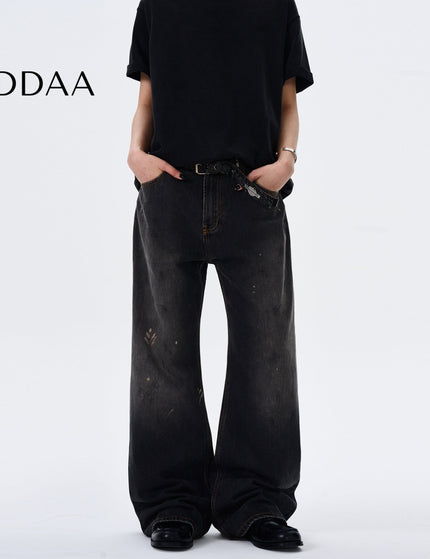 Blue Distressed Ink-Splashed Loose Straight-Leg Jeans - S / Grey - Men’s Jeans