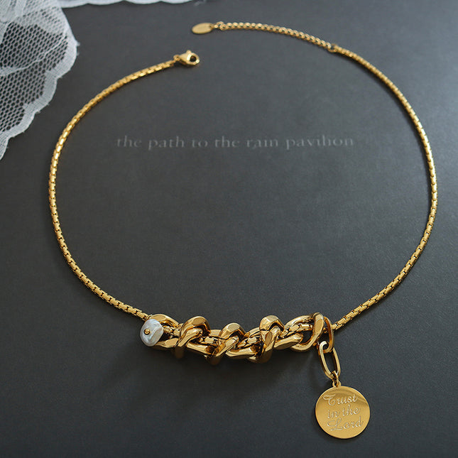 European and American hip-hop tide does not fade geometric collar freshwater pearl medallion Cuban chain pendant box chain P854