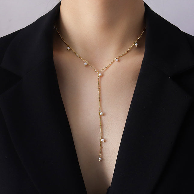 European and American ins cold style fashion Y-word tassel long letter necklace clavicle chain titanium steel plated 18k real gold jewelry