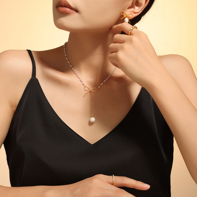 Fairy choker bow imitation pearl necklace ins cold style temperament simple luxury stainless steel clavicle chain