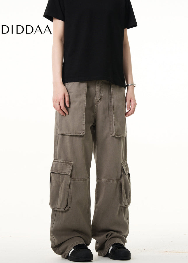Beige Large Pocket Straight Leg Cargo Pants for Men and Women - Men’s Jeans