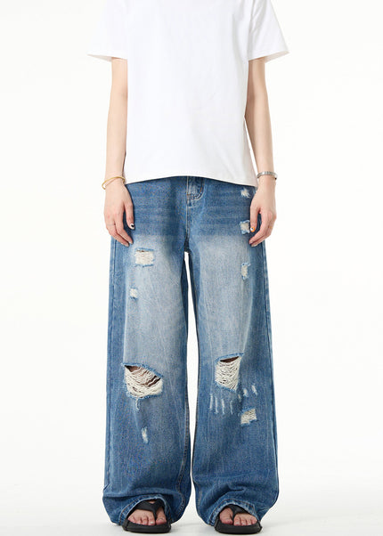 Blue Loose Fit Ripped Jeans with Retro Distressed Style - Men’s Jeans