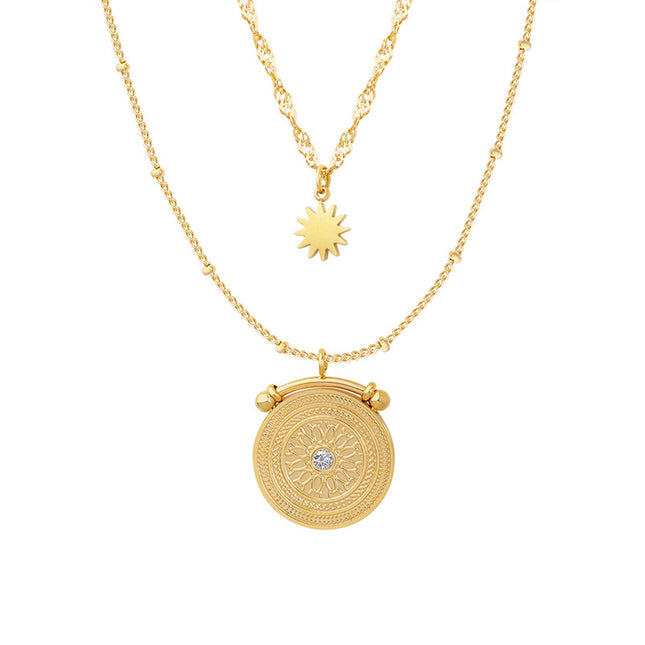 Eight star mang, double-layer necklace with diamond texture, fashionable and versatile, titanium steel jewelry, gold-plated clavicle chain jewelry, girls