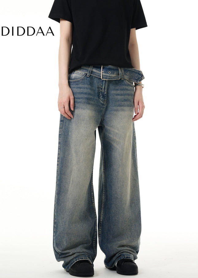 Blue Loose Fit Retro Belt Jeans for Men - Men’s Jeans