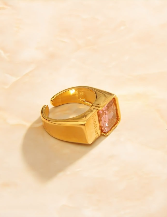 Crown Ring | Gold Pink Stone Zirconia Signet Open Ring - 7 / Gold - Rings