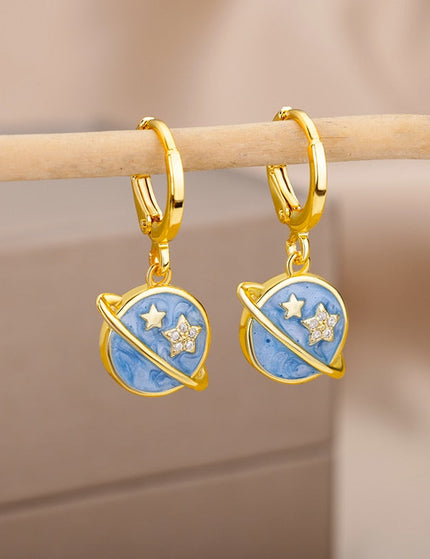 SOUVOIR 1 SOUVOIR Earrings Starstruck Earrings | Gold Blue Star Planet Space Hoop Drop Earrings