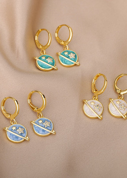 SOUVOIR SOUVOIR Earrings Starstruck Earrings | Gold Blue Star Planet Space Hoop Drop Earrings