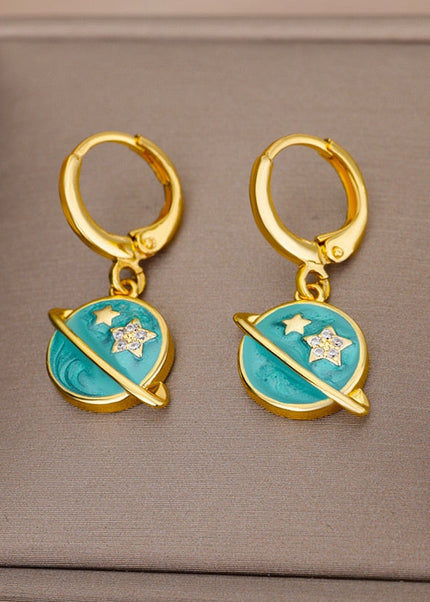SOUVOIR SOUVOIR Earrings Starstruck Earrings | Gold Blue Star Planet Space Hoop Drop Earrings