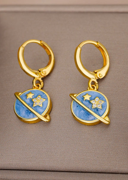 SOUVOIR SOUVOIR Earrings Starstruck Earrings | Gold Blue Star Planet Space Hoop Drop Earrings