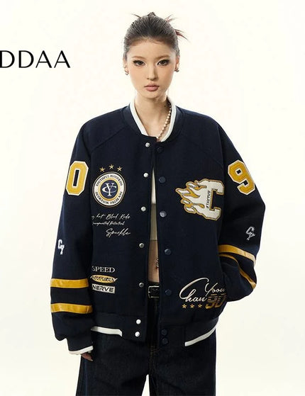 Aaisup American Embroidery Baseball Uniform Jacket Women’s Fall Winter Contrast Stand Collar Cardigan Loose Slouchy