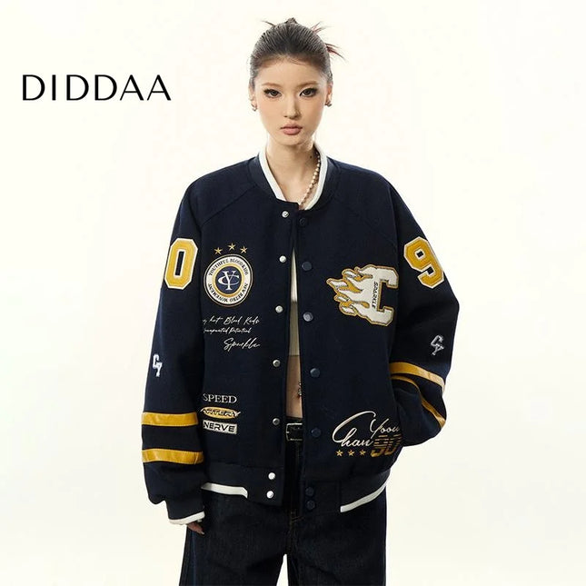 Aaisup American Embroidery Baseball Uniform Jacket Women’s Fall Winter Contrast Stand Collar Cardigan Loose Slouchy