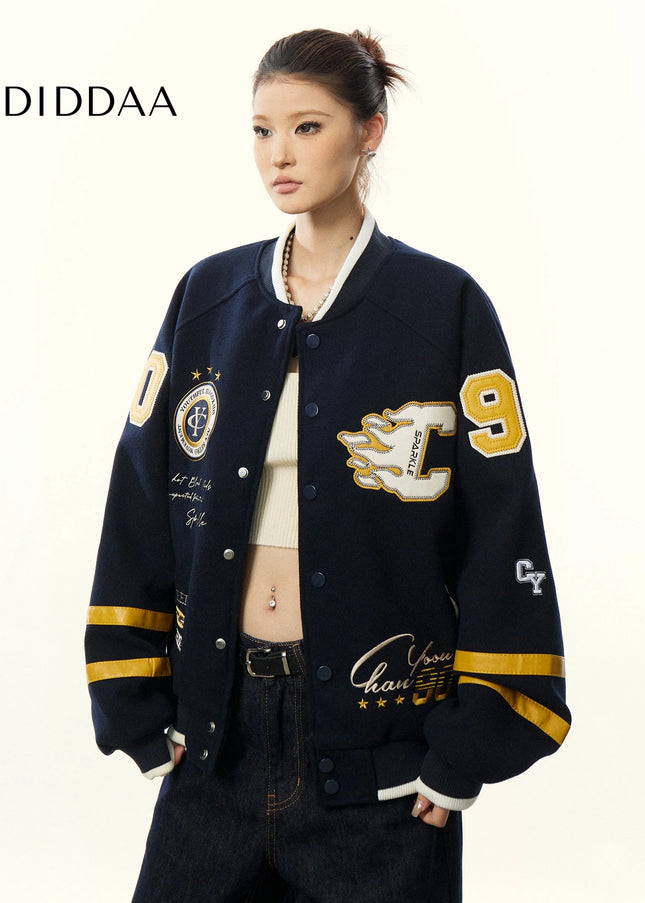 Aaisup American Embroidery Baseball Uniform Jacket Women’s Fall Winter Contrast Stand Collar Cardigan Loose Slouchy