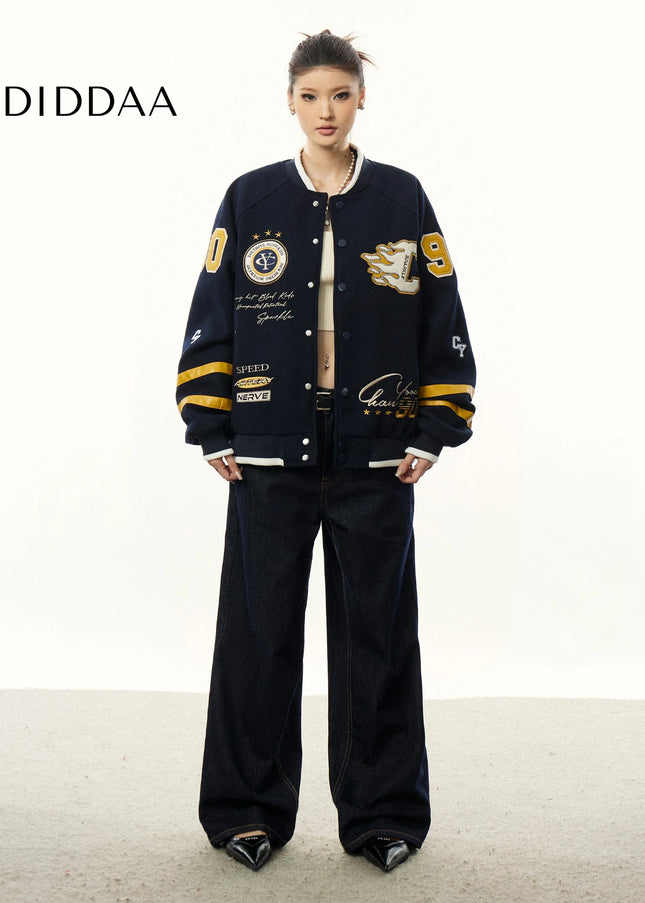Aaisup American Embroidery Baseball Uniform Jacket Women’s Fall Winter Contrast Stand Collar Cardigan Loose Slouchy
