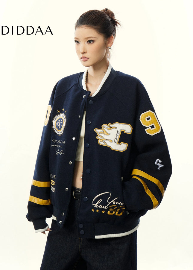 Aaisup American Embroidery Baseball Uniform Jacket Women’s Fall Winter Contrast Stand Collar Cardigan Loose Slouchy