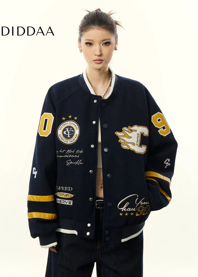 Aaisup American Embroidery Baseball Uniform Jacket Women’s Fall Winter Contrast Stand Collar Cardigan Loose Slouchy